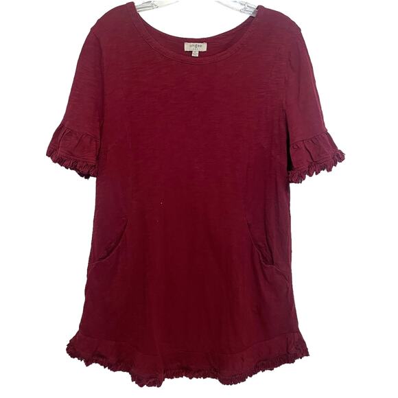 Umgee Dresses & Skirts - Umgee Burgundy Fringe Swing Dress Womens Large Pockets Cotton Boho Ruffle Red